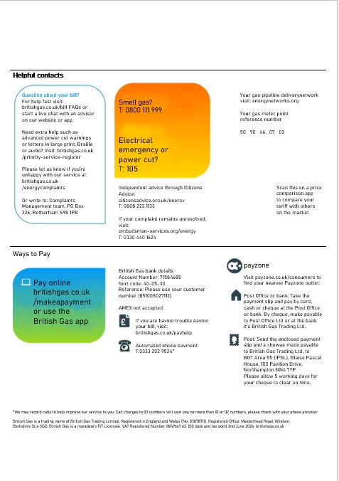 United Kingdom British Gas business utility bill, Word and PDF template, 2 pages 3 PSD template